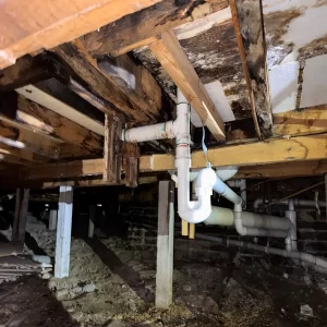 Subfloor area with damaged timber framing, water staining, and exposed plumbing pipes.