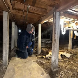 Building inspector kneeling in a house subfloor crawl space inspecting timber supports and plumbing.
