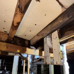 Subfloor area showing timber joists with water damage and plumbing pipes beneath a house.
